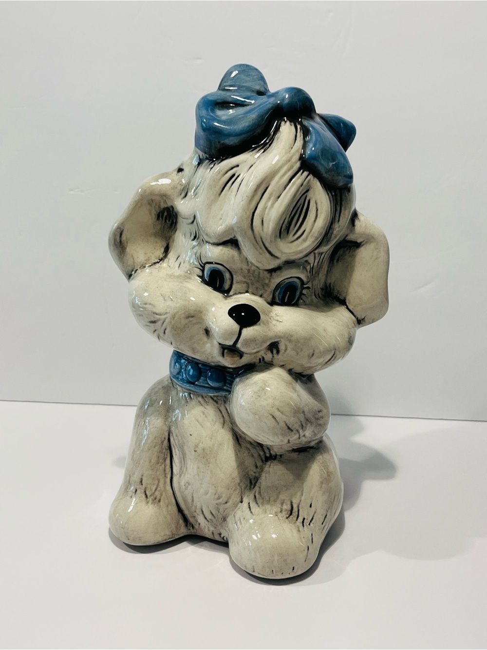 Vintage Poppy Dog Glazed & Signed Ceramic Figurine 10.5” Tall